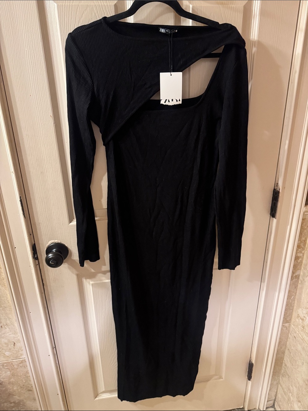 Zara Black Long Sleeve Ribbed Cutout Midi Dress